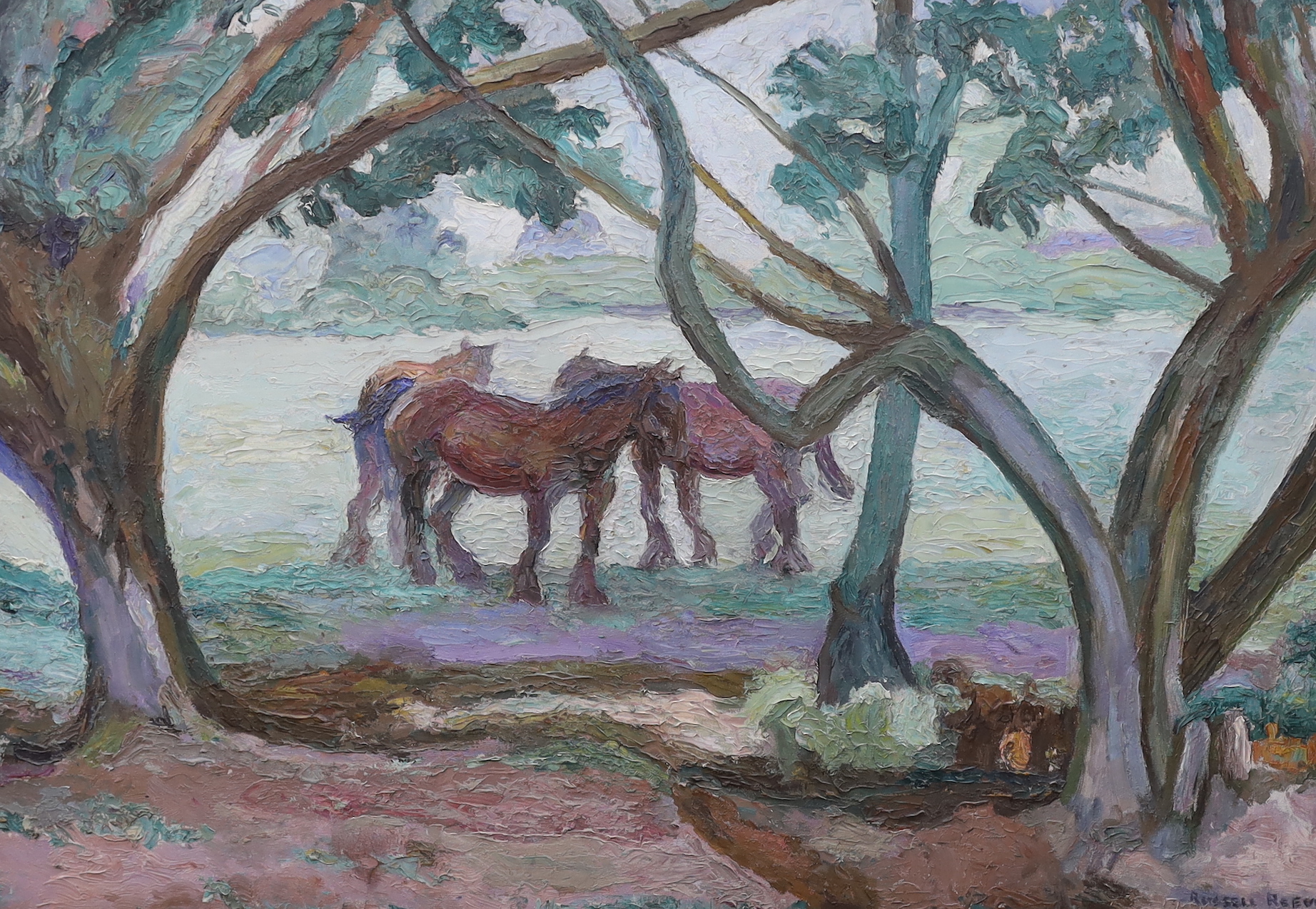 Russell Sidney Reeve R.B.A (1895-1970), impasto oil on board, Work horses resting, signed inscribed label verso, 70 x 100cm